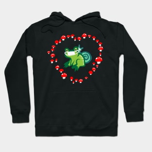 Red Mushroom Heart with Frog and Snail "Masked Goblincore Snuggles" Hoodie